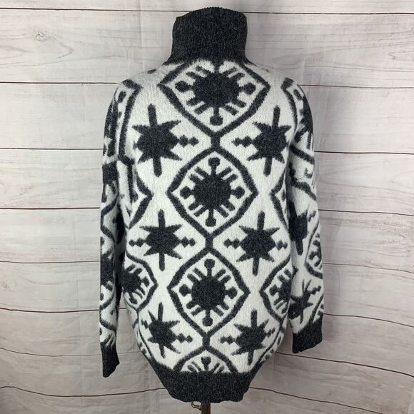 wool sweater aztec geometric tribal western Star high-low white black small 4 6 - Picture 4 of 12
